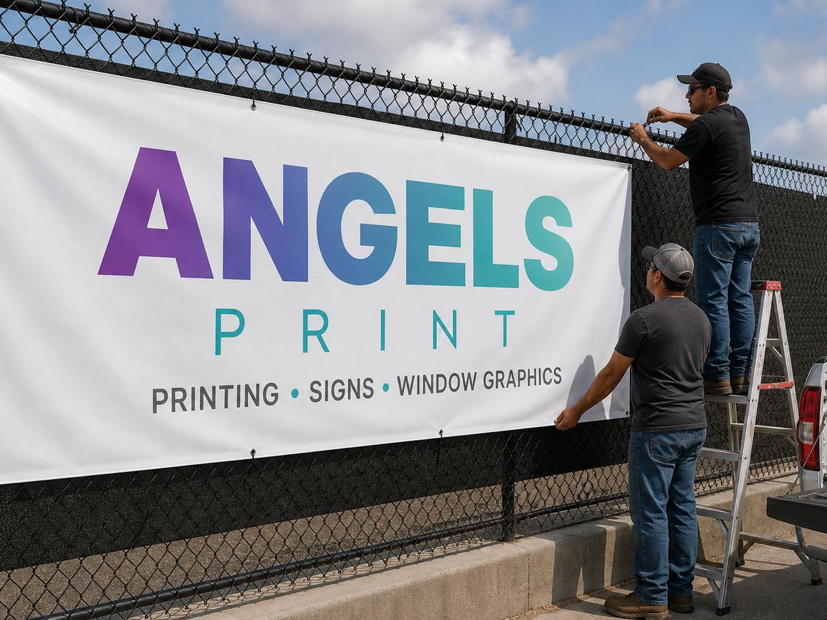 Angels Print crew hanging a printed vinyl banner on a fence in Sun Valley