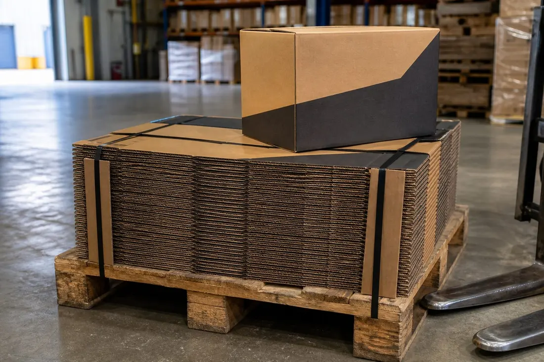 Printed shipping boxes stacked on a pallet, ready to leave the shop